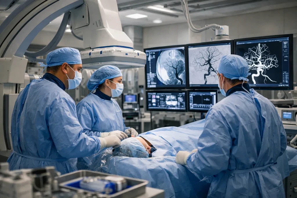 إجراء القسطرة المخية داخل غرفة قسطرة متخصصة مجهزة بأحدث أجهزة الأشعة
