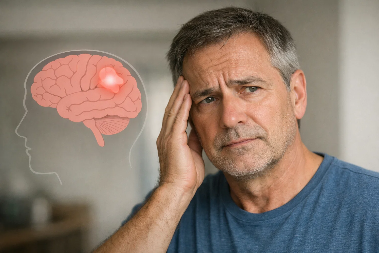 رجل يمسك رأسه بتعبير حيرة يشير إلى أعراض السكتة الدماغية المبكرة