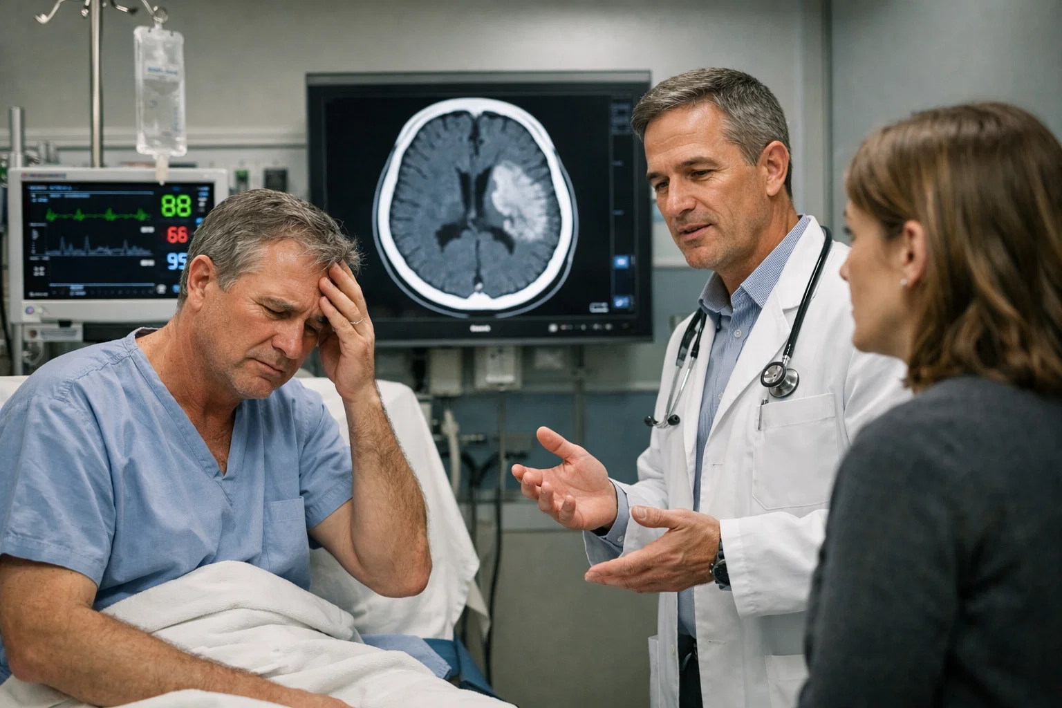 تشخيص السكتة الدماغية داخل مركز متخصص مع طبيب يشرح نتائج الأشعة