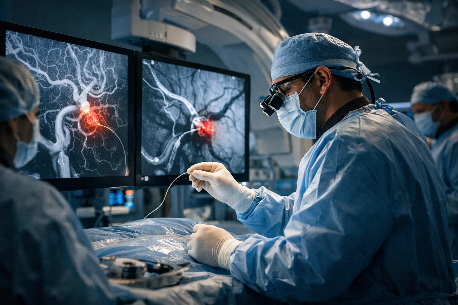 إجراء القسطرة المخية داخل غرفة قسطرة حديثة باستخدام أجهزة أشعة متقدمة