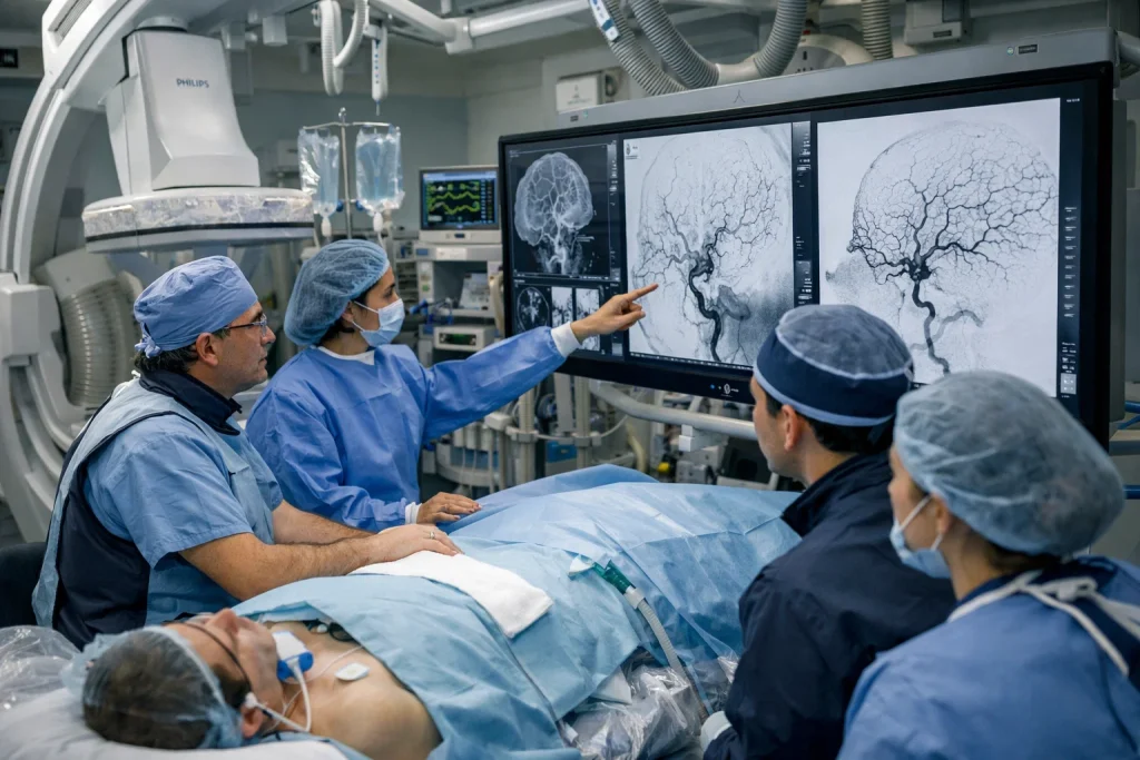 مراجعة نتائج القسطرة المخية داخل غرفة قسطرة حديثة مزودة بأجهزة أشعة متقدمة