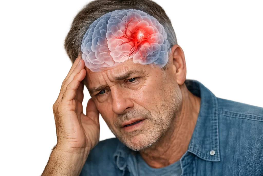 رجل يشعر بدوخة مفاجئة ويمسك رأسه كعلامة مبكرة قبل السكتة الدماغية