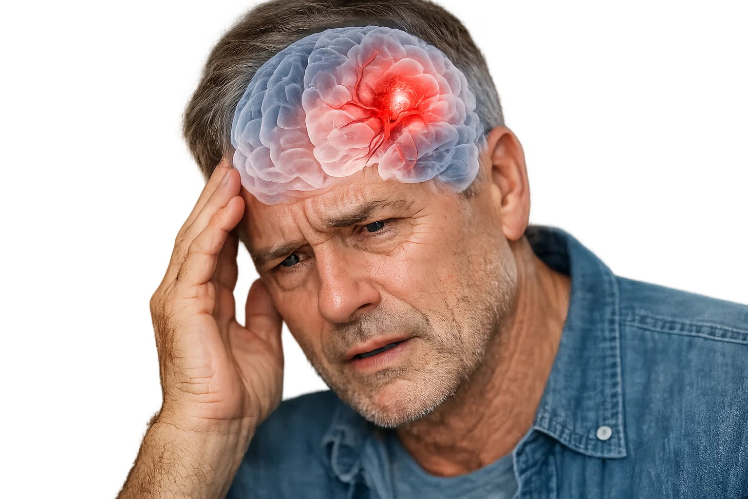 رجل يشعر بدوخة مفاجئة ويمسك رأسه كعلامة مبكرة قبل السكتة الدماغية