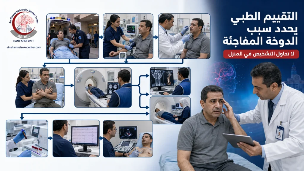 مريض يعاني دوخة مفاجئة وفقدان الاتزان مع توضيح المخيخ وجذع المخ المسؤولين عن التوازن
