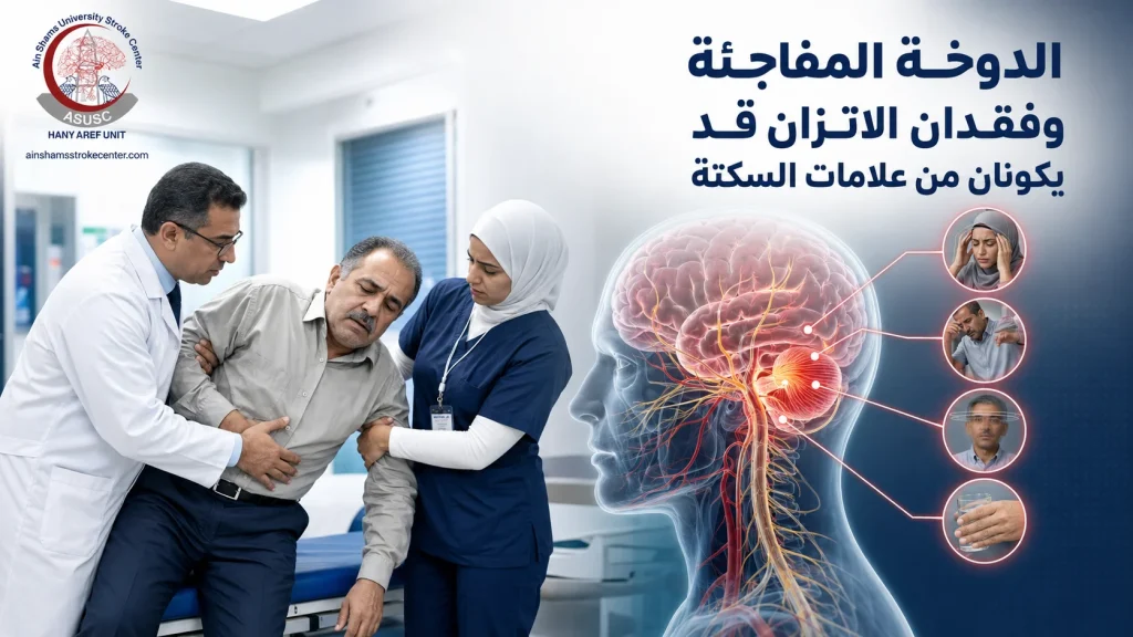 فريق السكتة الدماغية يقيّم مريضًا يعاني دوخة وفقدان اتزان ويجري فحصًا عصبيًا وتصويرًا للمخ عند الحاجة