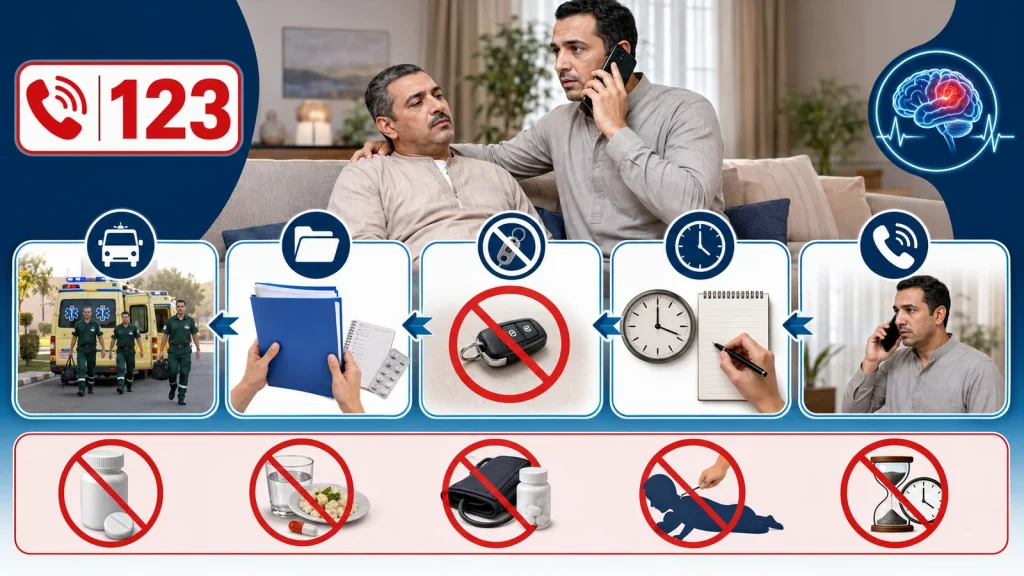 خطوات التصرف عند الاشتباه في السكتة الدماغية والاتصال بالإسعاف 123