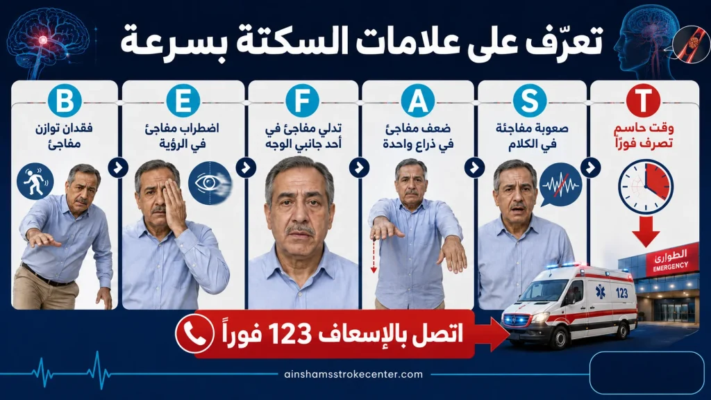 علامات السكتة الدماغية وفق قاعدة BE-FAST وتشمل الاتزان والرؤية والوجه والذراع والكلام والوقت