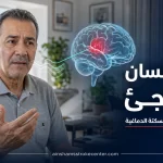 رجل يعاني من ثقل اللسان المفاجئ مع توضيح منطقة مرتبطة بالكلام في المخ