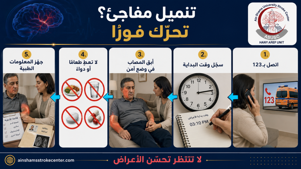 خطوات التصرف عند ظهور تنميل مفاجئ في الوجه أو الذراع تشمل الاتصال بالإسعاف 123 وتسجيل وقت البداية