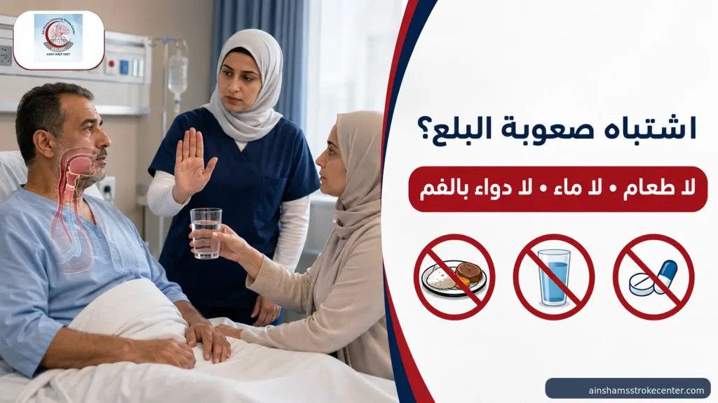 منع الطعام والماء والدواء عند الاشتباه في صعوبة البلع بسبب جلطة جذع المخ